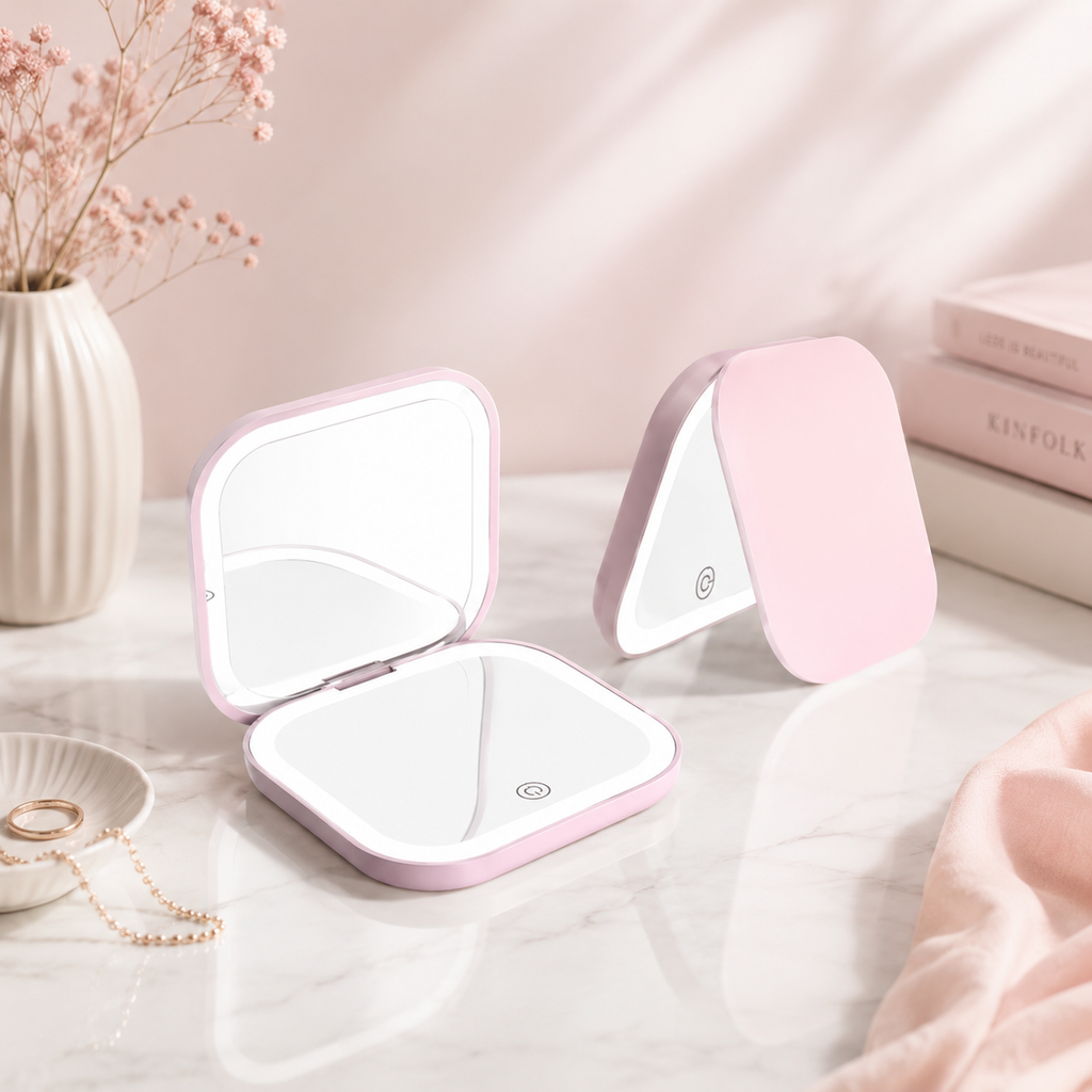 Clarity Reflections Prism™ Pocket Mirror with Lights, Portable Folding Handheld Small Pocket LED Travel Makeup Mirror