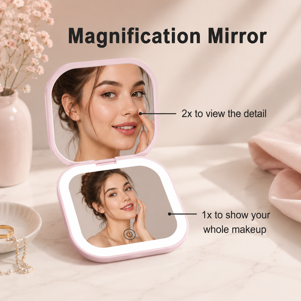 Clarity Reflections Prism™ Pocket Mirror with Lights, Portable Folding Handheld Small Pocket LED Travel Makeup Mirror