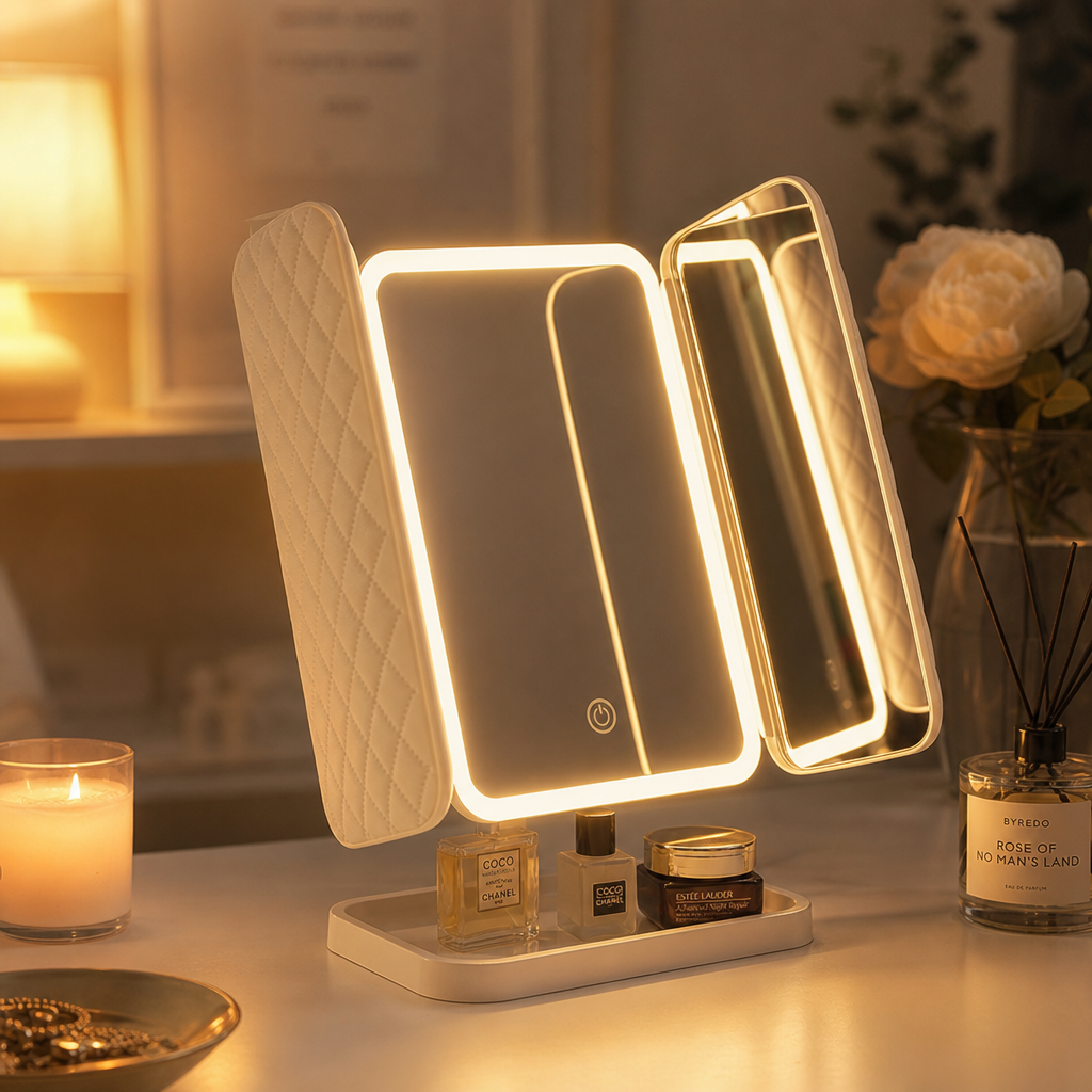 Clarity Reflections Prism™ Trifold Makeup Mirror With LED Lights, Complementary Makeup Mirror