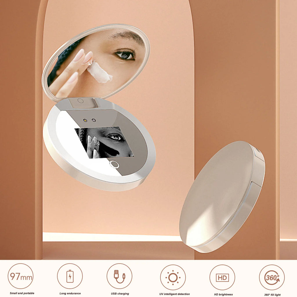 Clarity Reflections Prism™ UV Mirror Sunscreen Testing Camera with Light 2X Magnification Travel Makeup Mirror