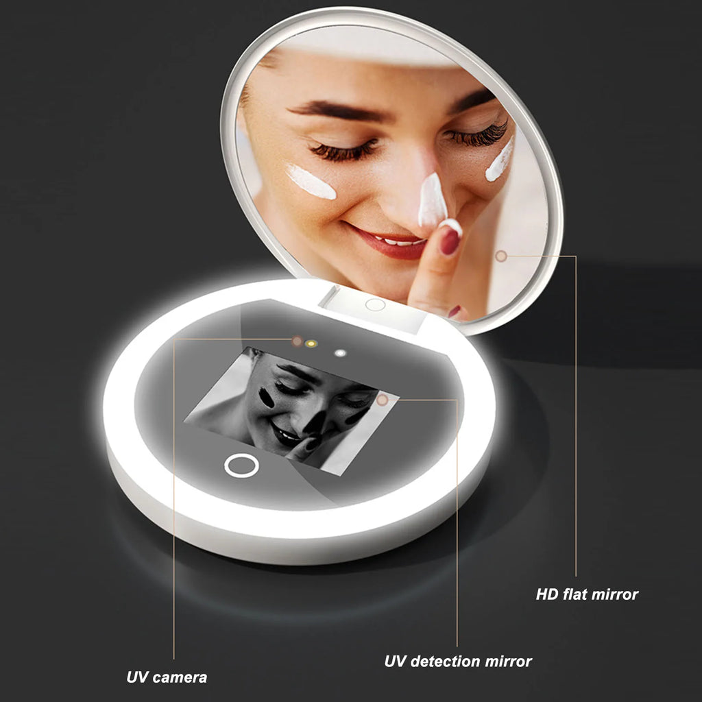 Clarity Reflections Prism™ UV Mirror Sunscreen Testing Camera with Light 2X Magnification Travel Makeup Mirror